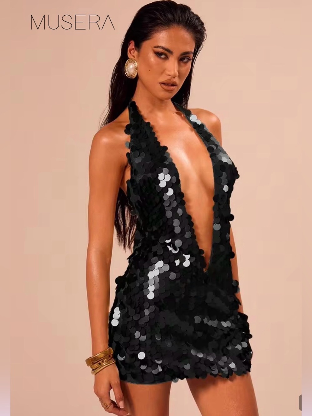 MUSERA Sequin Halterneck Deep Low Plunge Mini Dress
